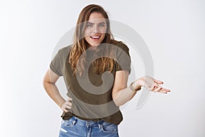 What you want, not piss me off. Confused frustrated intense bothered attractive arrogant woman having argument shrugging photo
