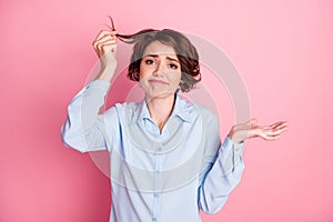 Whatever. Photo of attractive sad lady hold hairdo curl see split dry damaged ends condition after shampoo awful result