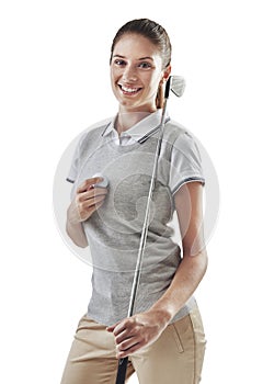 Whatever way you slice it, golf is the best. Studio shot of a young golfer holding a golf ball and iron club isolated on