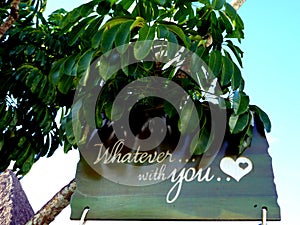 Whatever with you written on wood romatic love message with heart at tree