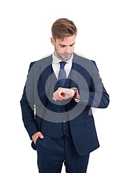 Whats the time. Business manager check watch isolated on white. Time management. Observing punctuality. Timing accuracy