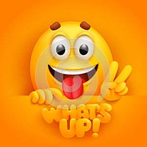 Whats up card. Cute emoji cartoon character on yellow backround