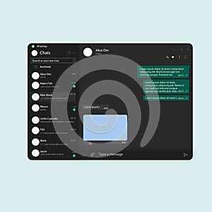 Whatsapp interface template for computer, PC in black theme. Web version of Whatsapp