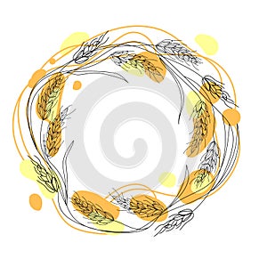 Wheat or barley wreath with color spots, line art vector illustration, round label isolated on white background.