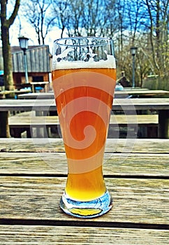 Wheat bavarian beer in traditional glass at beer garden