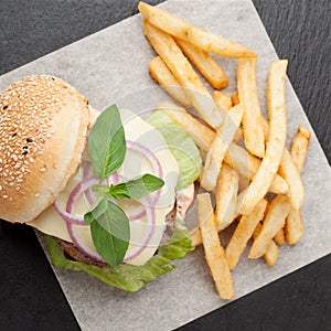 Wheat beef sandwich hamburger, fried potatoes, ketchup served for launch