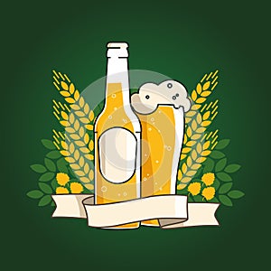 Wheat beer. Beer bottle and glass with beer and ribbon. Ears of wheat and hops. Vector illustration for web, poster, invitation to