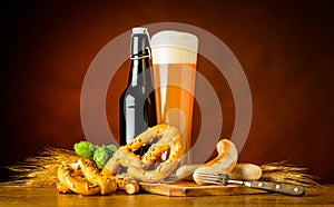 Wheat Beer with Prezel and Grilled Sausage