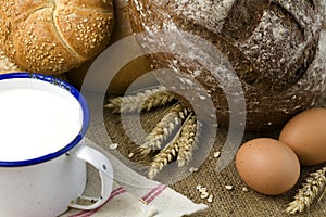 Wheat, bread, milk and eggs