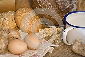 Wheat, bread, milk and eggs