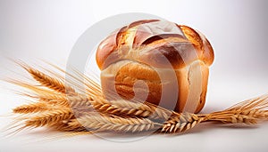 Wheat bread and Wheat. A wheat bread and shock of wheat on a white background