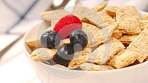 Wheat cereal with blueberries and raspberry photo