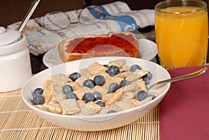 Wheat cereal with blueberries, toast, orange juice and newspaper