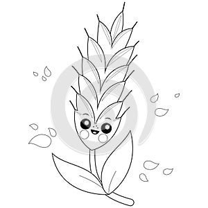 Wheat character. Cute cartoon cereal plant barley. Vector black and white coloring page.