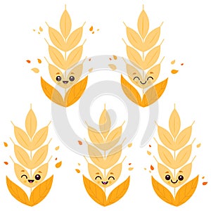 Wheat character set. Cute cartoon cereal plants barley. Ears of wheat characters at the farm. Vector Illustration