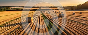 Wheat and corn fields at sunset after harvesting. Parallel lines and haystacks, image of agriculture in Normandy - green and gold