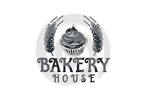 wheat, cupcake, vintage bakery shop logo Designs Inspiration Isolated on White Background.