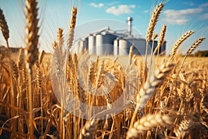 Wheat ears on a backdrop of silos towers. Silos on a wheat fields. Storage of agricultural production