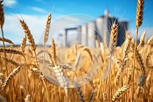 Wheat ears on a backdrop of silos towers. Silos on a wheat fields. Storage of agricultural production