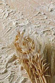 Wheat ears and flour on a dough board background