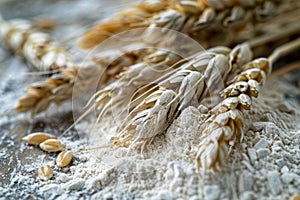 Wheat ears and flour on the table. Shallow depth of field