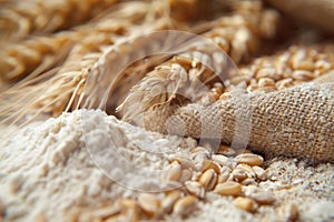 Wheat ears and flour on a wooden table. Selective focus.