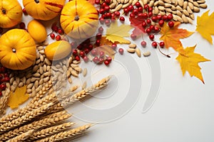 Wheat ears, grains, pumpkins, maple leaves and cranberries on a white background. Postcard