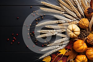Wheat ears, pumpkins, maple leaves and berries on a dark background. Thanksgiving card