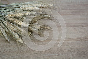 Wheat ears on the wooden table. Top view and copy space.