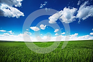 Wheat field against blue sky with white clouds. Agriculture scene