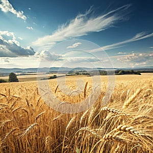 Wheat Field and Blue Sky on Background photo