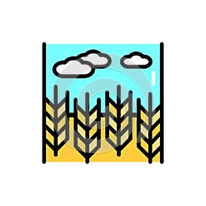 Wheat field and blue sky line color icon. Isolated vector element.