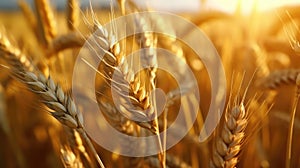 Wheat field. Ears of golden wheat closeup. Harvest concept. Generative AI