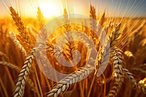 Wheat field. Ears of golden wheat closeup. Harvest concept. Generative AI