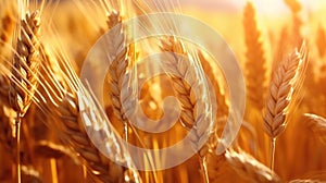 Wheat field. Ears of golden wheat closeup. Harvest concept. Generative AI