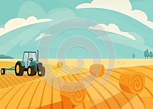 Wheat field landscape vector illustration after haymaking with tractor. Nature farm scenery with golden yellow haystack photo