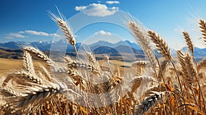 Wheat field and mountains under blue sky with clouds, closeup