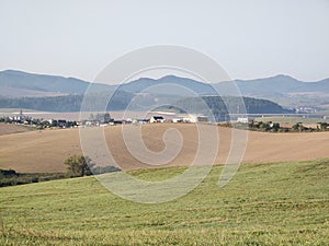 Wheat field during sunnrise or sunset with beautiful view to the mountains.