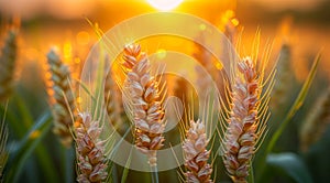 Wheat field at sunset. Ears of ripening wheat rye or other cereal plant the main source of carbohydrates grain crop