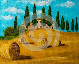 Wheat fields of Tuscany, oil painting on canvas.