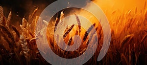 Wheat filed in fire, bread agriculture under attack of military or climate change. world hunger crisis