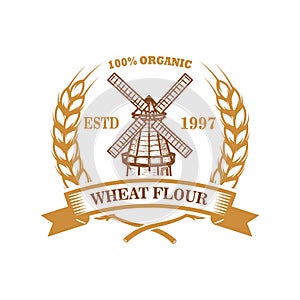 Wheat flour label template with wind mill. Design element for logo, emblem, sign, poster, t shirt.