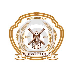 Wheat flour label template with wind mill. Design element for logo, emblem, sign, poster, t shirt.