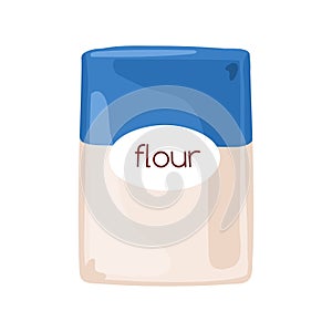 Wheat flour in paper bag. Closed pack, package with baking ingredient. Product for cooking. Flat cartoon vector