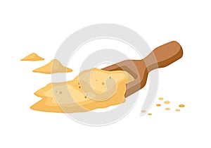 Wheat Flour in wooden scoop. Wooden spatula with flour and grains. Flour piles in cartoon style, vector illustration