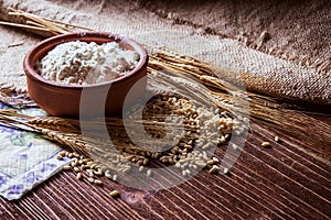Wheat grain,flour and bread.
