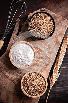 Wheat grain, flour and whisk for bakery cooking on wooden background