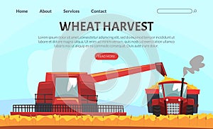 Wheat and Grain Harvest Landing Page with Combine Working on Field Vector Template