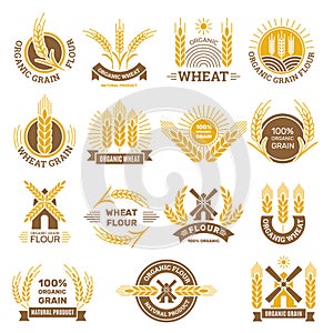 Wheat grain logo. Flour farm food for breakfast shop harvesting wheat traditional products vector badges set