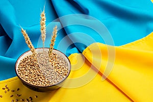 Wheat Grain in Ukraine with flag. Concept of food supply crisis and global food scarcity